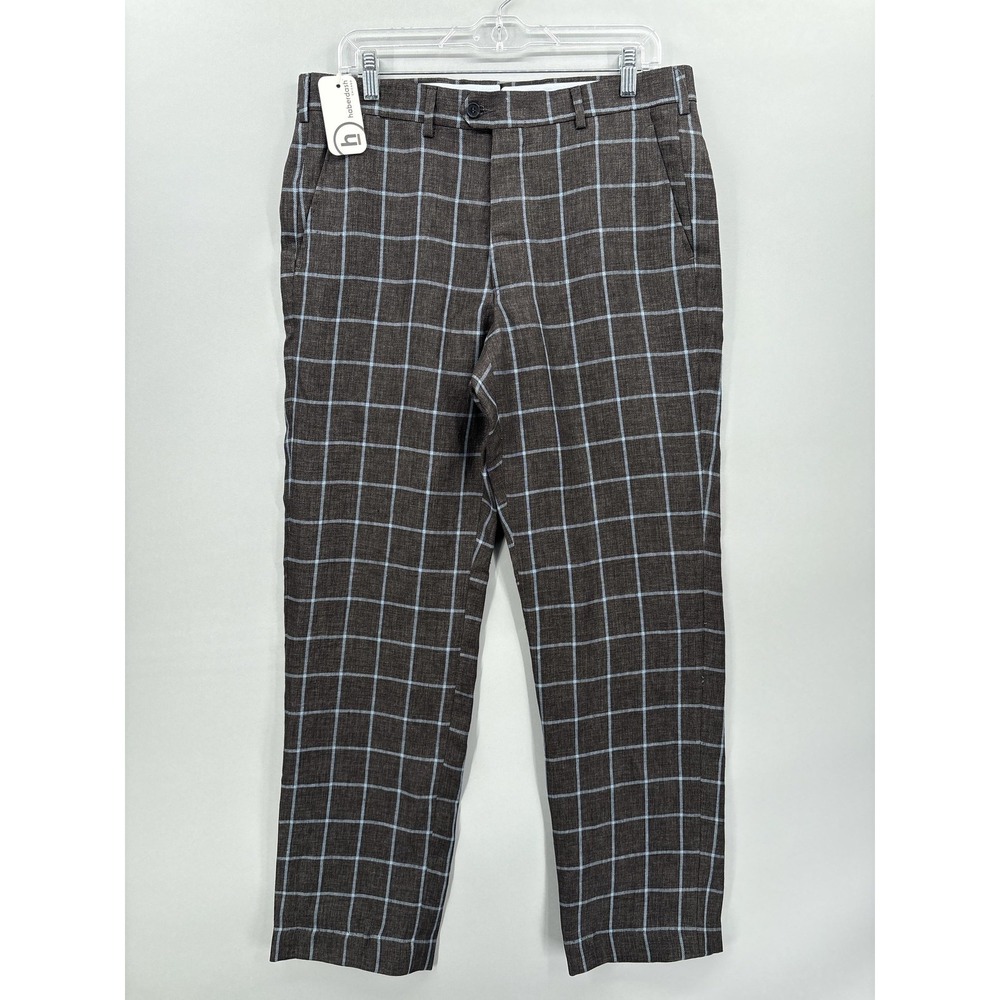 Haberdash Dress Pants Mens 34x31 Brown Linen Plaid Randolph USA Lightweight NEW